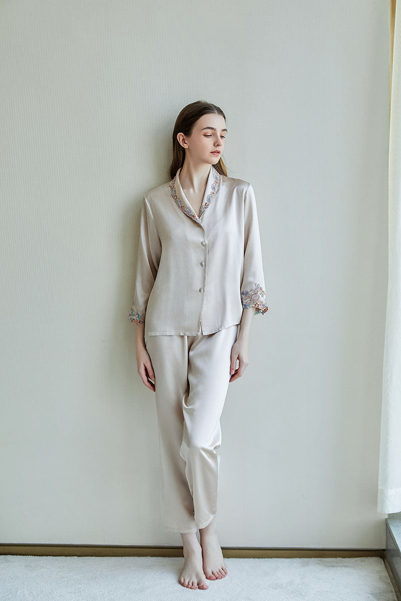 Embroidered Trim  Silk 2Pcs Pajamas Set