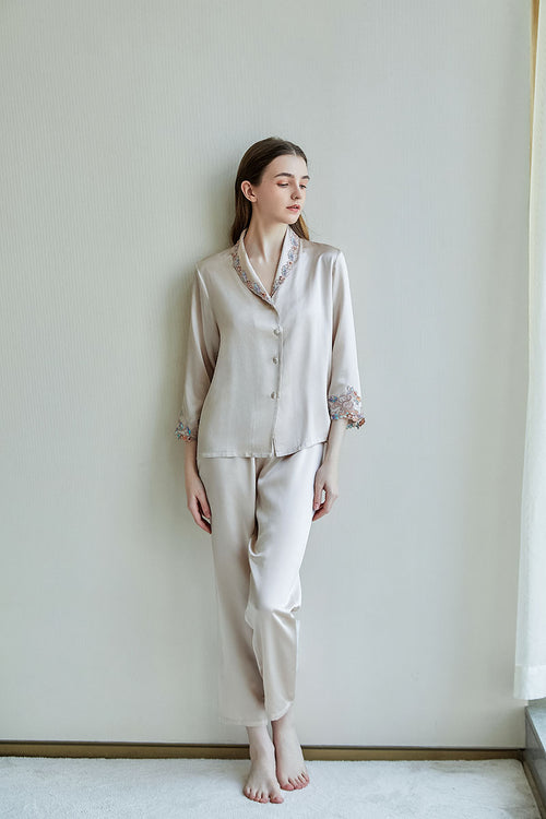 Embroidered Trim  Silk 2Pcs Pajamas Set