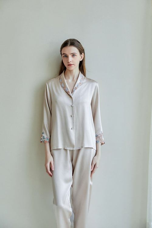 Embroidered Trim  Silk 2Pcs Pajamas Set