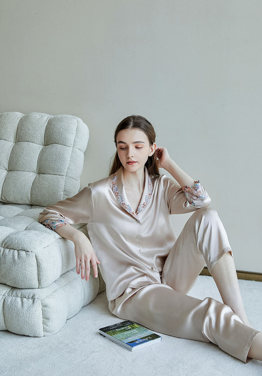 Embroidered Trim  Silk 2Pcs Pajamas Set