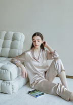 Embroidered Trim  Silk 2Pcs Pajamas Set