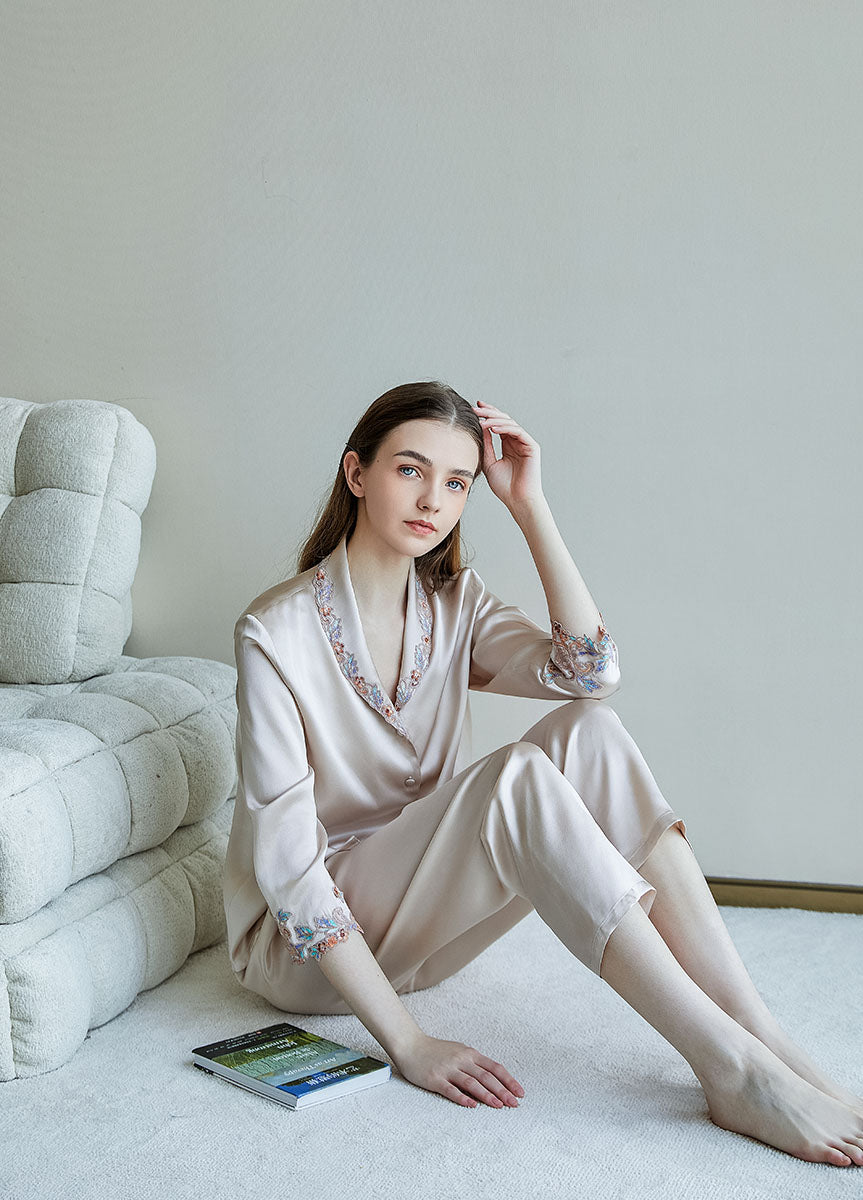 Embroidered Trim  Silk 2Pcs Pajamas Set