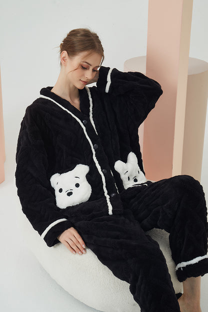 Warm Coral Fleece Pajamas Set With Bear Cartoon