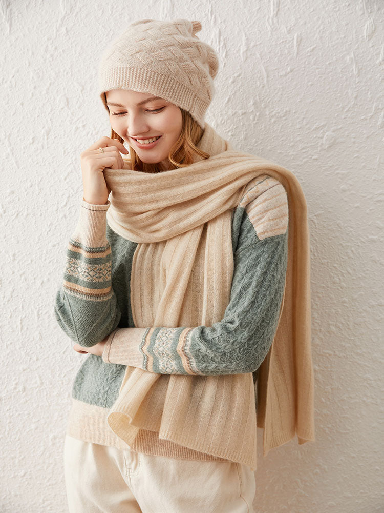 Ribbed Knit Wool-Cashmere Blend Shawl Scarf