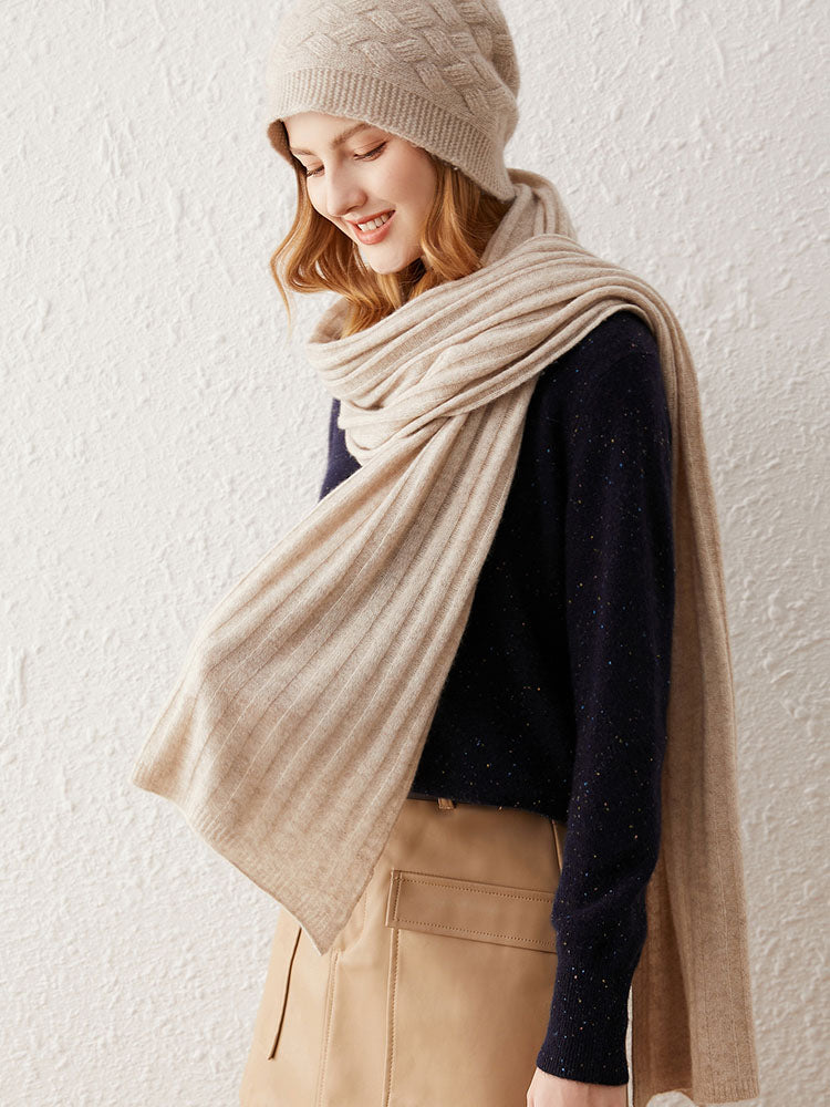 Ribbed Knit Wool-Cashmere Blend Shawl Scarf