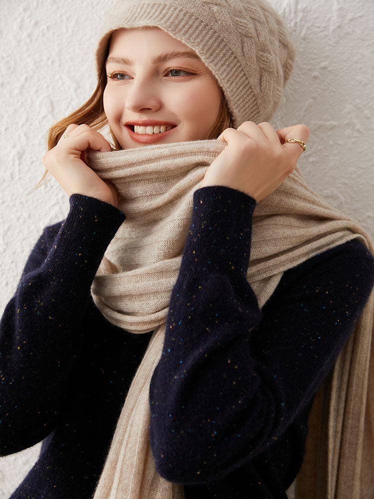 Ribbed Knit Wool-Cashmere Blend Shawl Scarf