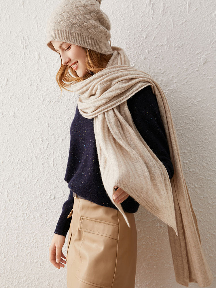 Ribbed Knit Wool-Cashmere Blend Shawl Scarf