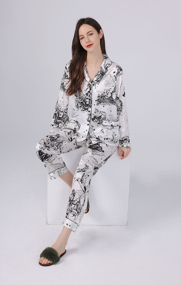 Women's Silk Ink Wash Print Full Length Pajama Set