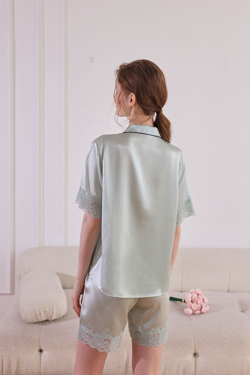 Lace Trim Silk Short 2Pcs Pajamas Set