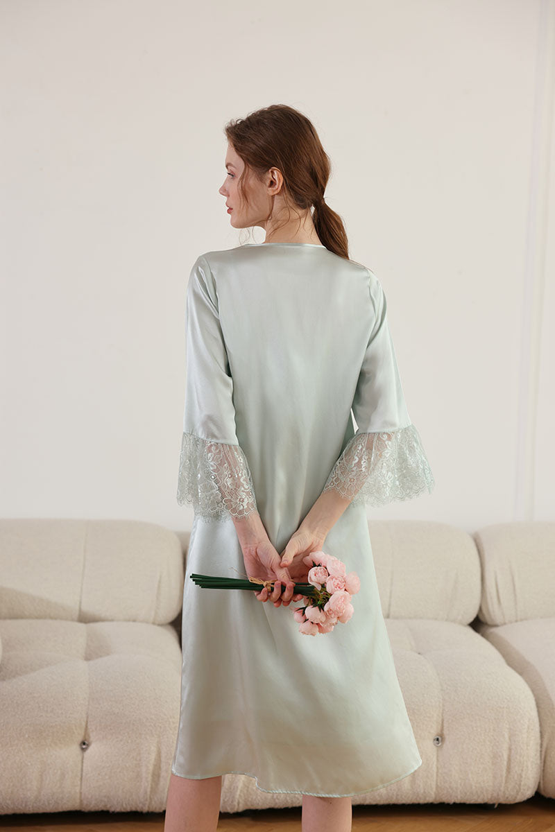 Silk Lace Trimmed Robe & Nightdress Set