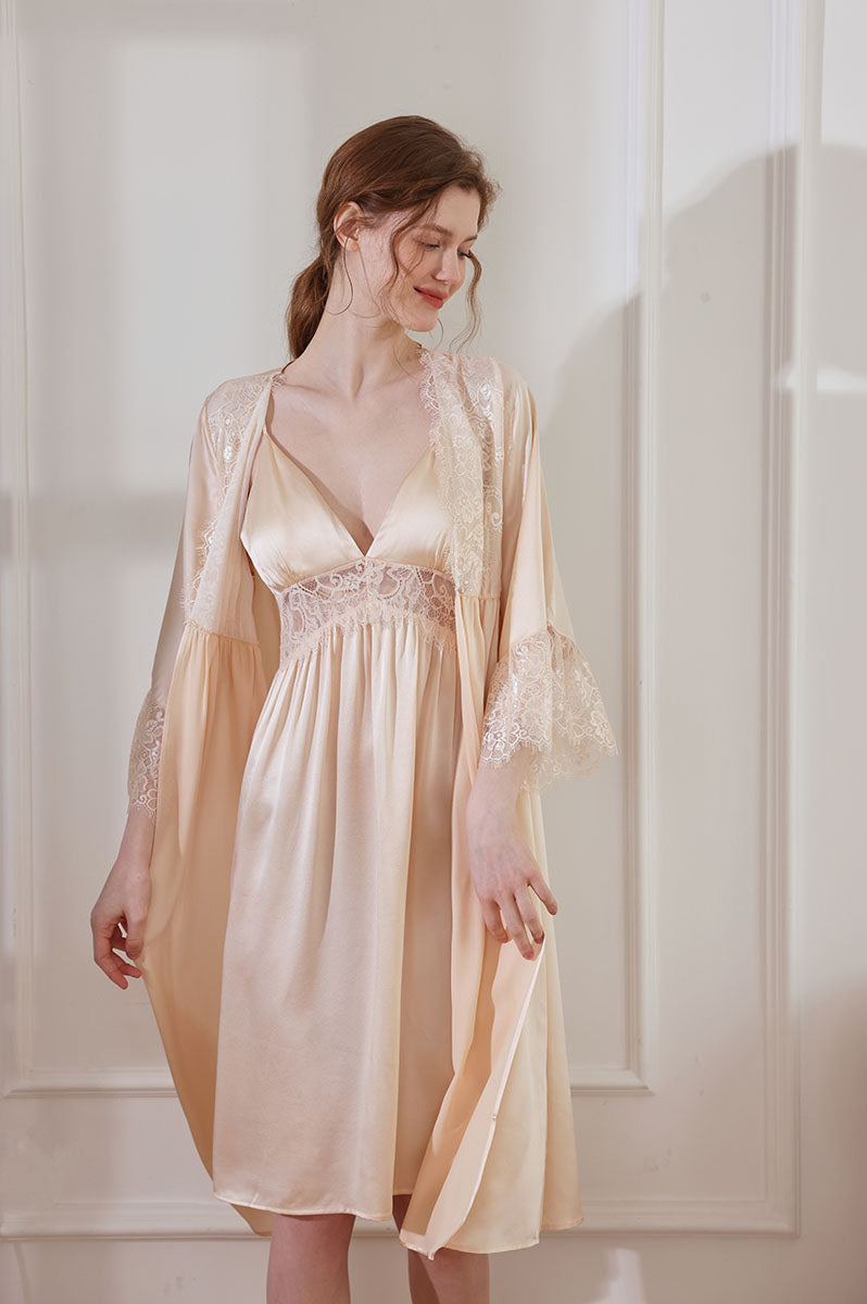 Silk Lace Trimmed Robe & Nightdress Set