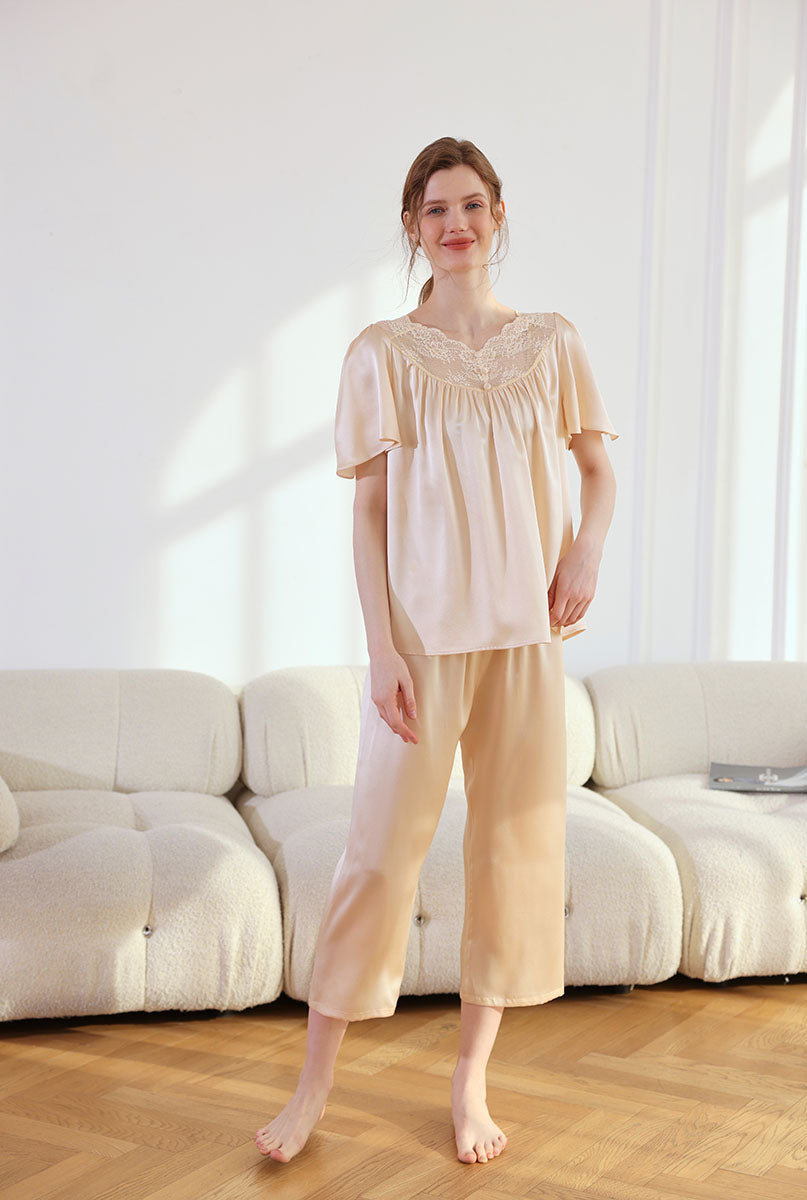 Lace Trim Silk  2Pcs Pajamas Set