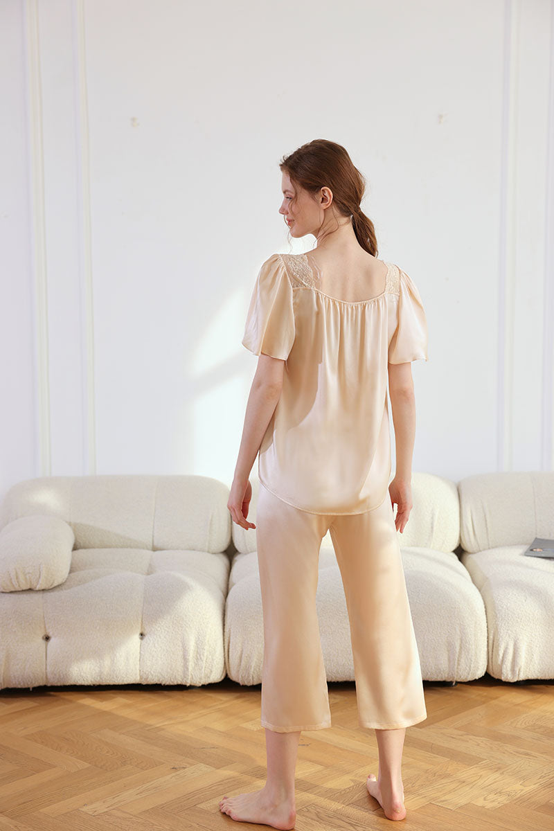Lace Trim Silk  2Pcs Pajamas Set