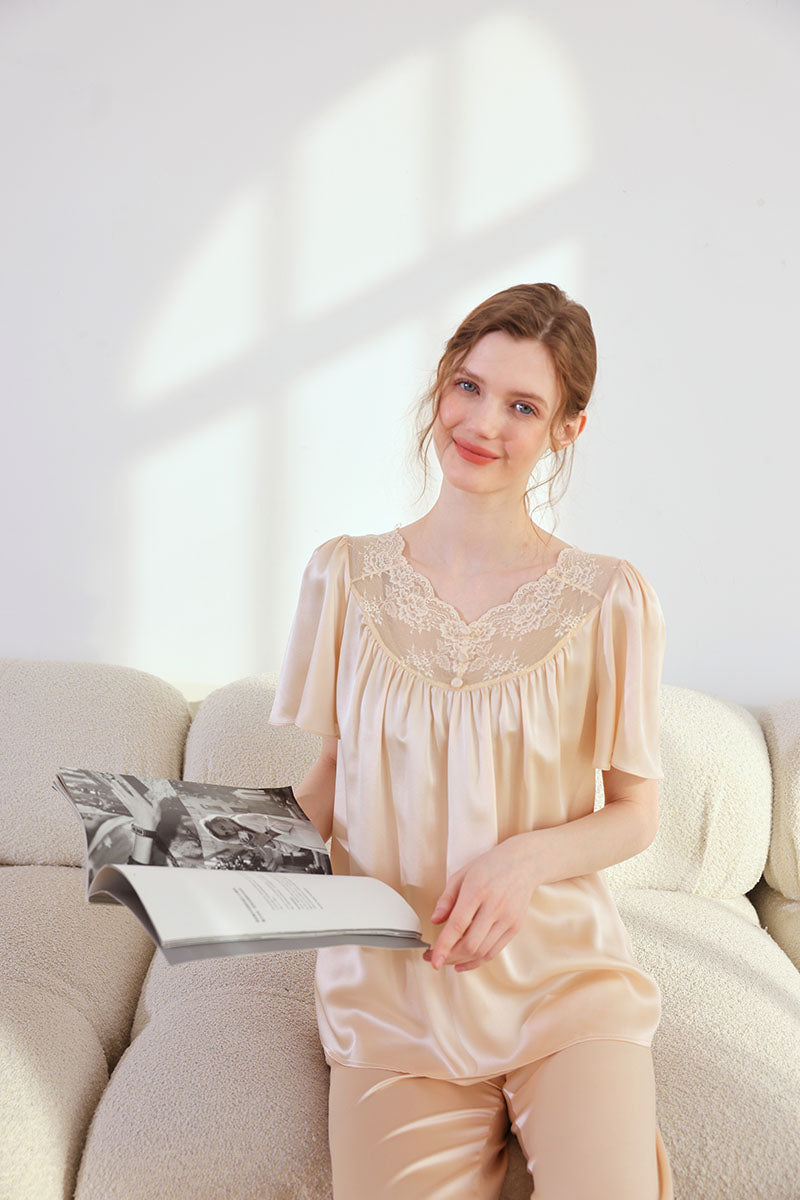 Lace Trim Silk  2Pcs Pajamas Set
