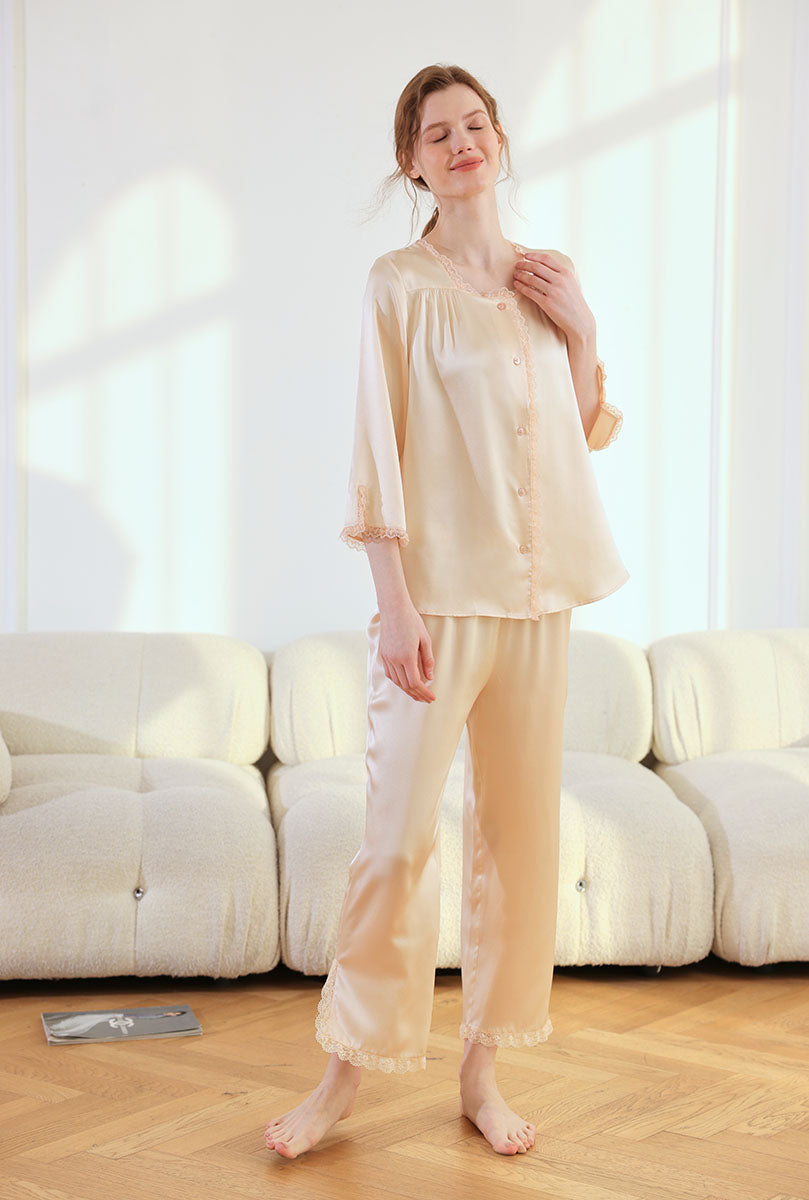 Lace Trim Oriental Classical Style Silk 2-Piece Pajamas Set