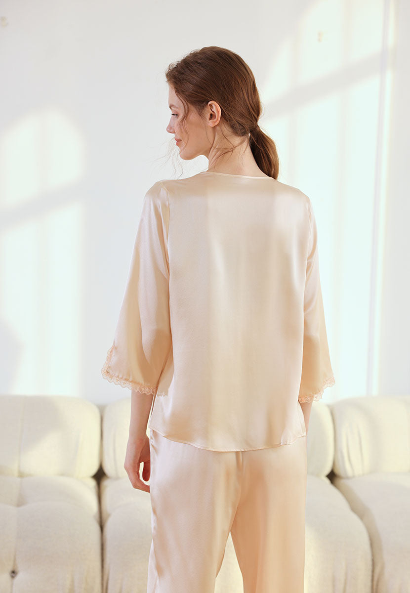 Lace Trim Oriental Classical Style Silk 2-Piece Pajamas Set