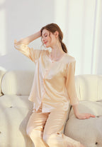 Lace Trim Oriental Classical Style Silk 2-Piece Pajamas Set