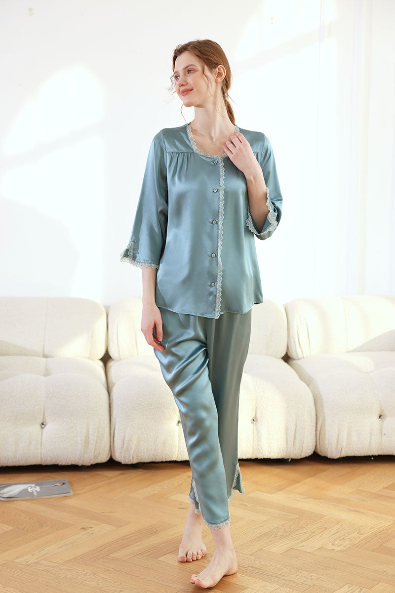 Lace Trim Oriental Classical Style Silk 2-Piece Pajamas Set