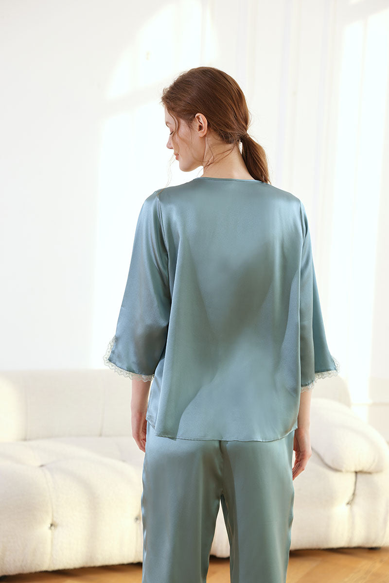 Lace Trim Oriental Classical Style Silk 2-Piece Pajamas Set