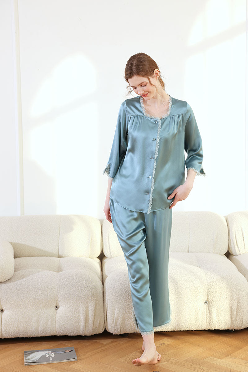 Lace Trim Oriental Classical Style Silk 2-Piece Pajamas Set