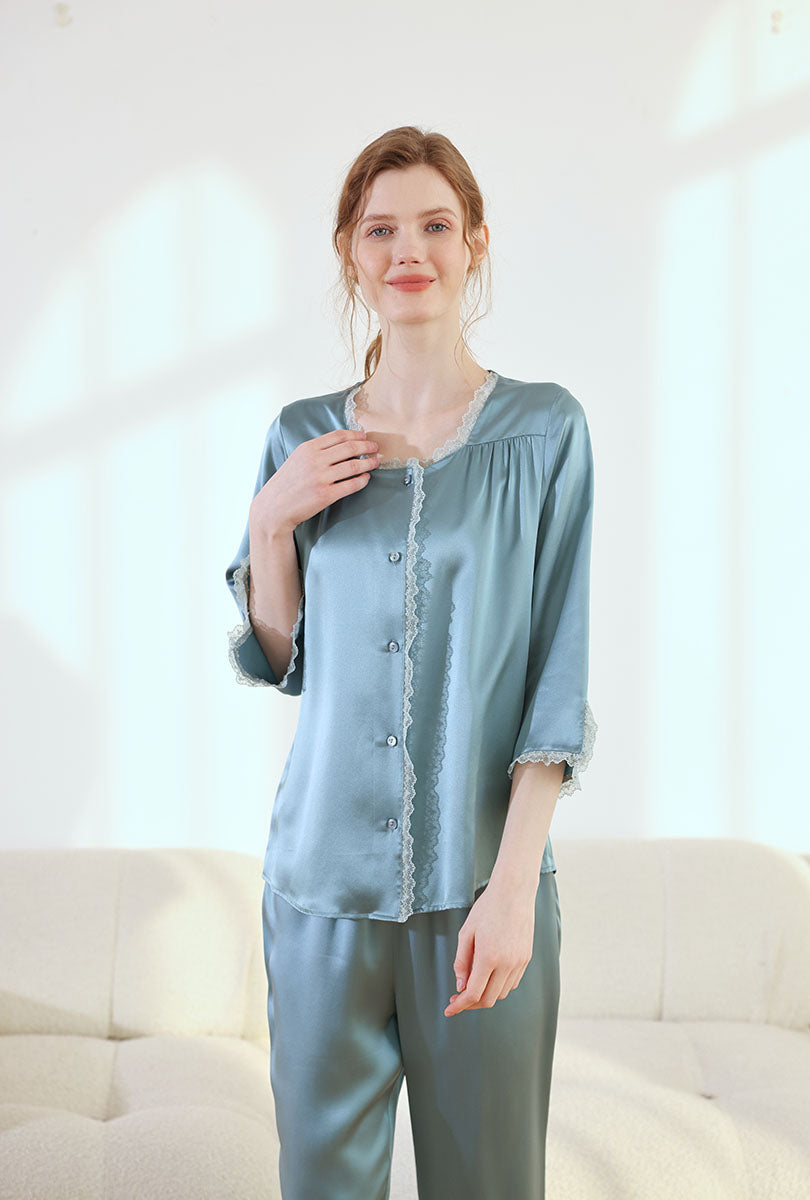 Lace Trim Oriental Classical Style Silk 2-Piece Pajamas Set
