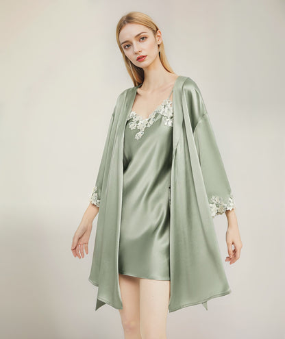 Embroidered cuffs silk night-robe