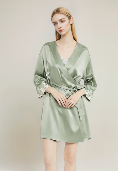 Embroidered cuffs silk night-robe