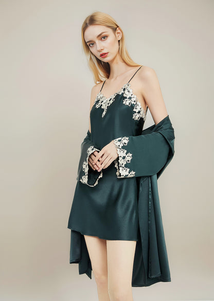 Embroidered cuffs silk night-robe