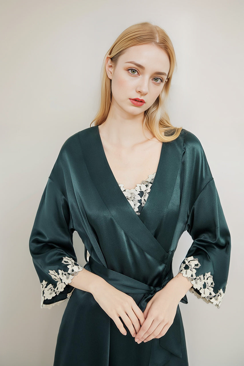 Embroidered cuffs silk night-robe