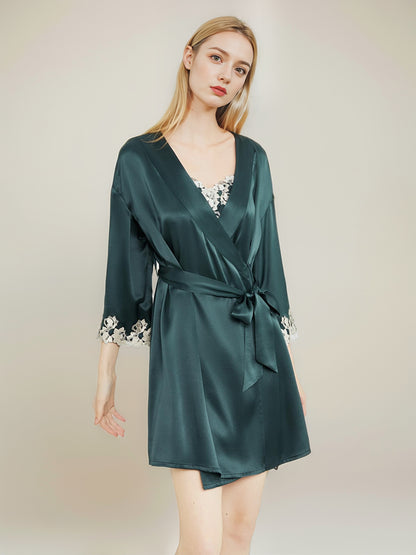 Embroidered cuffs silk night-robe