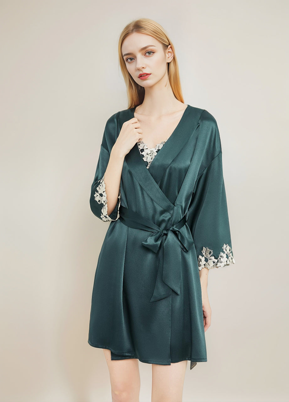 Embroidered cuffs silk night-robe