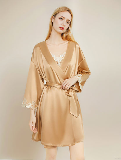 Embroidered cuffs silk night-robe