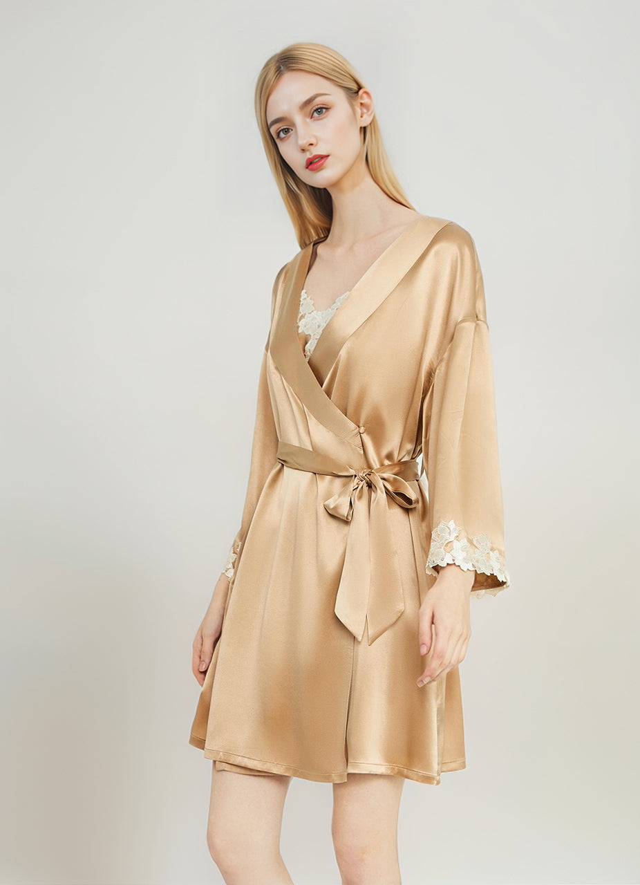 Embroidered cuffs silk night-robe