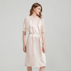 Drawstring Waist Silk Dress with Lace Trimmed Cuffs