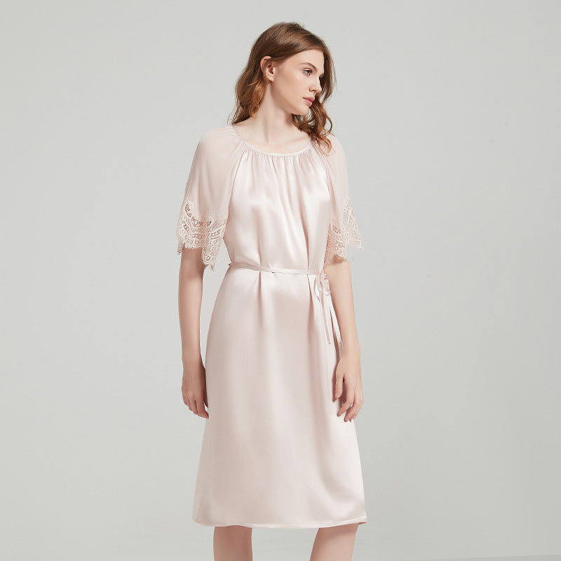 Drawstring Waist Silk Dress with Lace Trimmed Cuffs