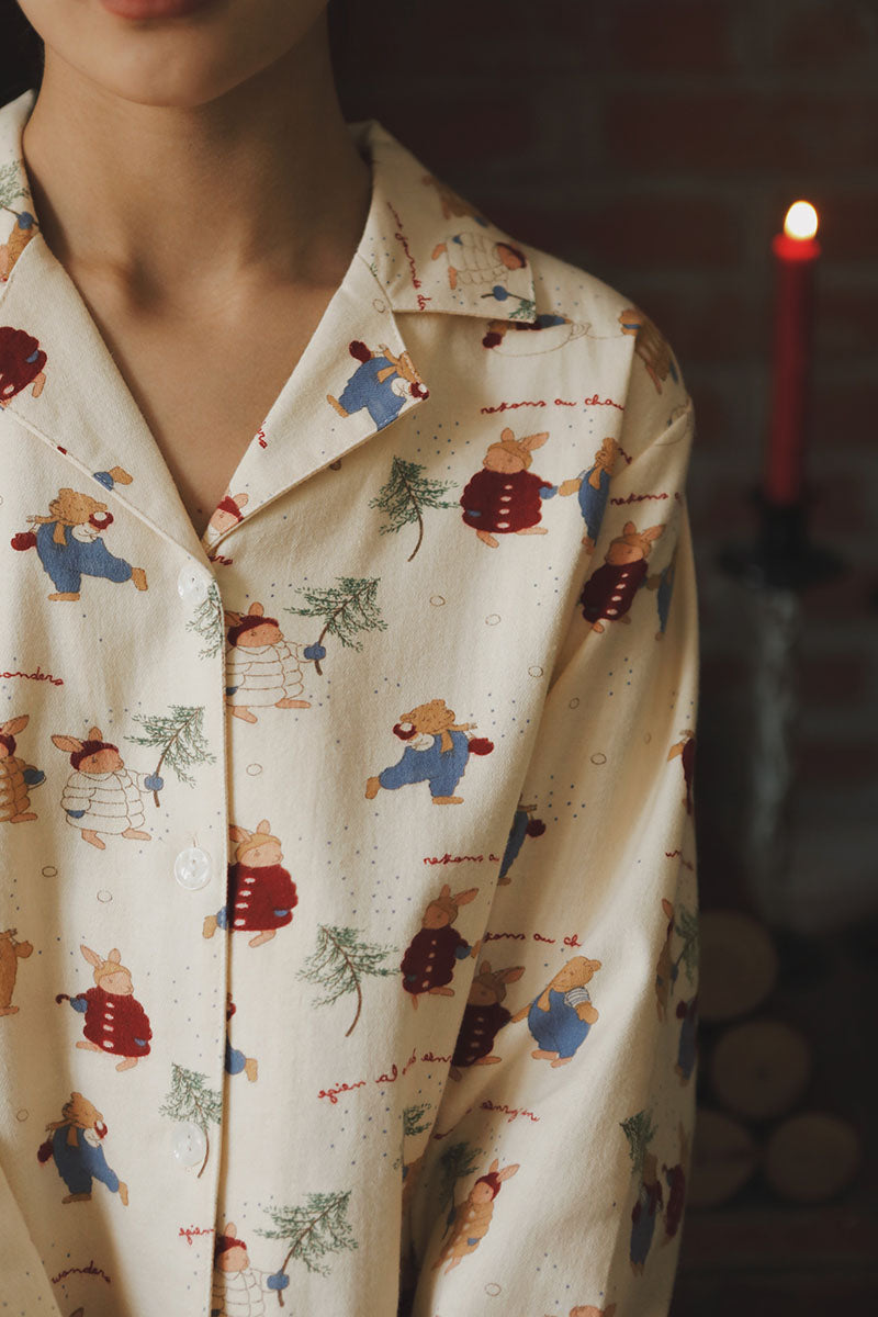 Cotton  Rabbit Print Full Length Pajama Set