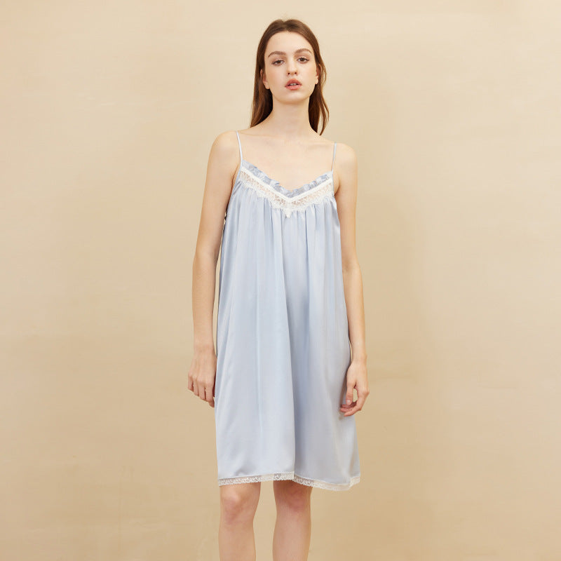 Feminine Lace Trimmed Silk Chemise Nightgown