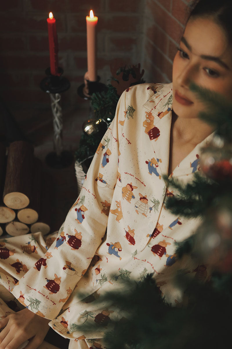 Cotton  Rabbit Print Full Length Pajama Set