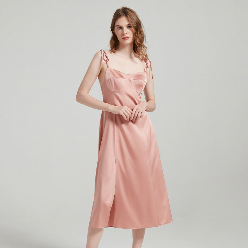 Pure Silk Strap Split Hem Midi Long Dress