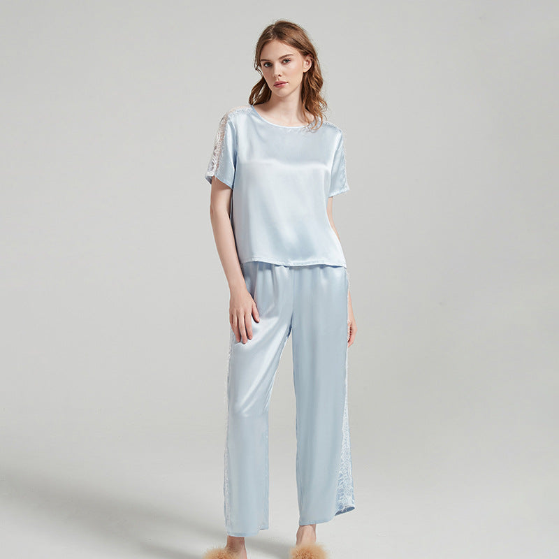 Silk Pajama Set with Lace Detailing on Sleeves and Pant Sides