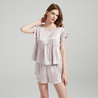 Silk Ruffled Short Sleeves Top & Shorts Pajama Set