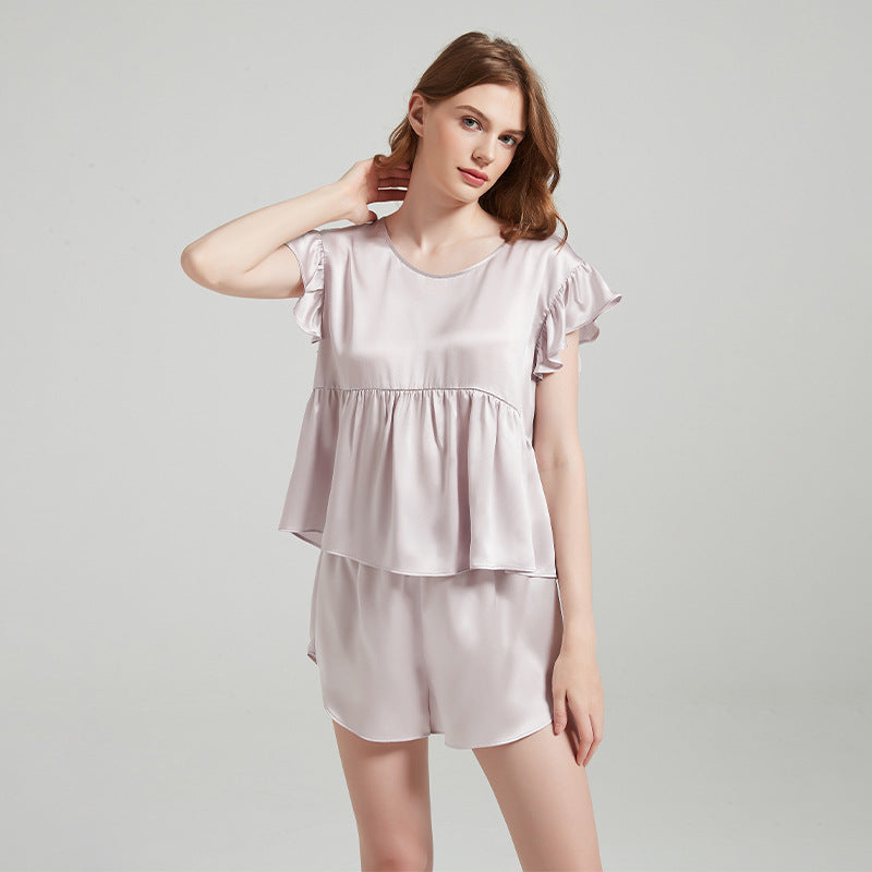 Silk Ruffled Short Sleeves Top & Shorts Pajama Set