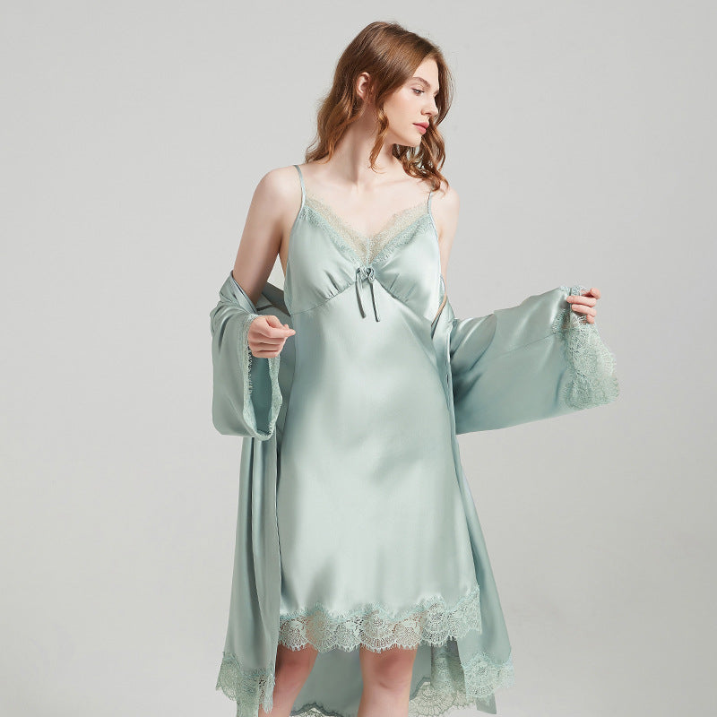 Casual Lace Trimmed Nightgown&Robe 2Pcs Set