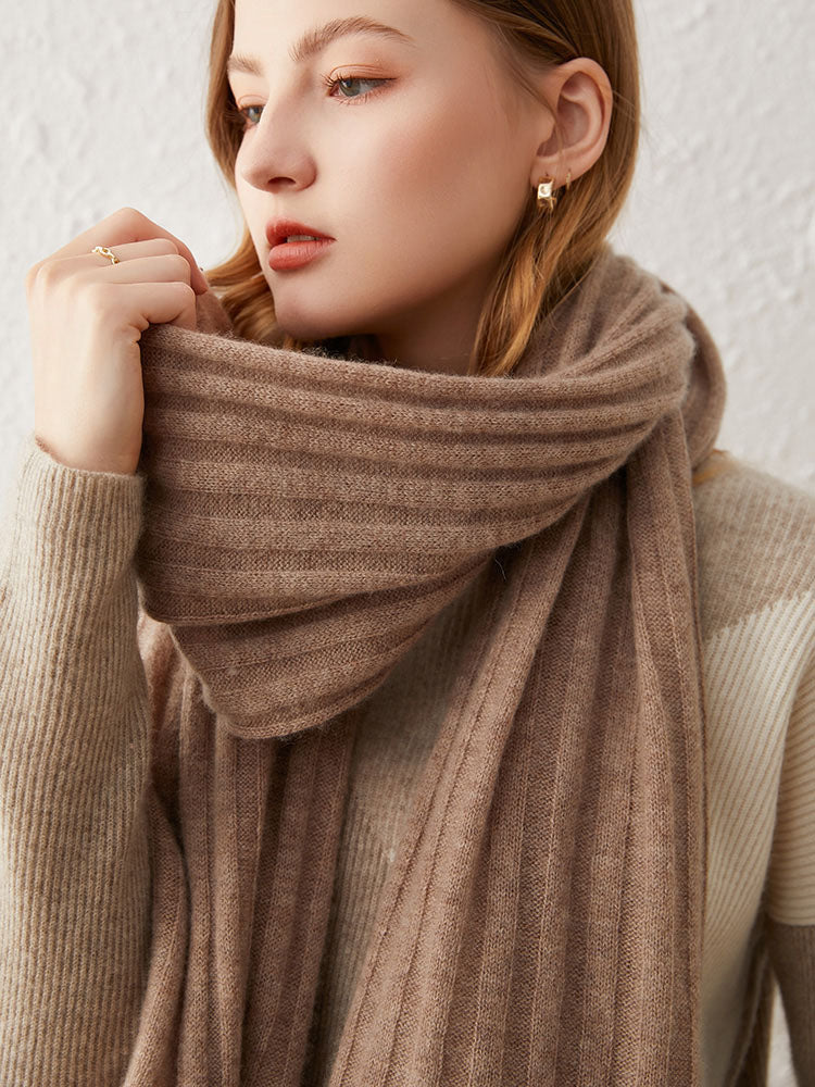 Ribbed Knit Wool-Cashmere Blend Shawl Scarf