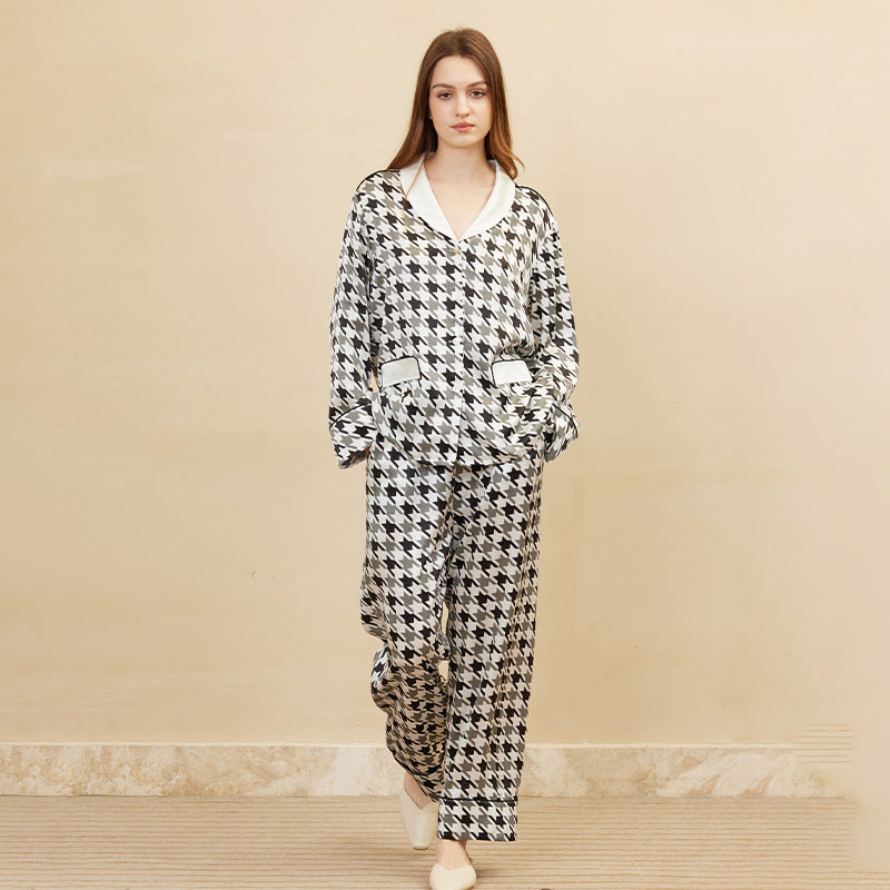 Classic Contrast Color Houndstooth Pattern Silk Pajama Set