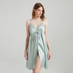 Pure Silk Lace Trim Split Hem Chemise Nightgown