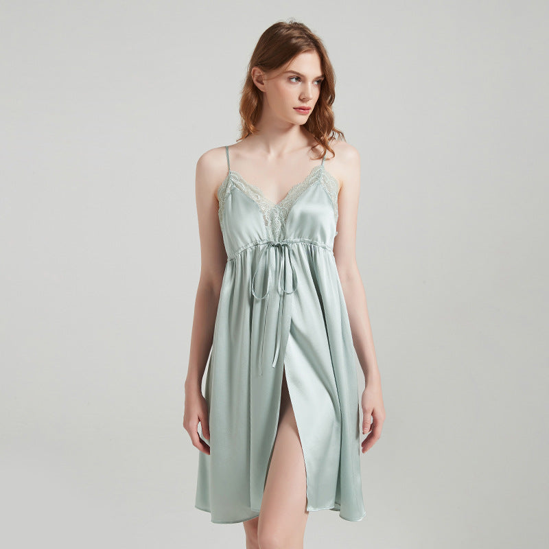 Pure Silk Lace Trim Split Hem Chemise Nightgown