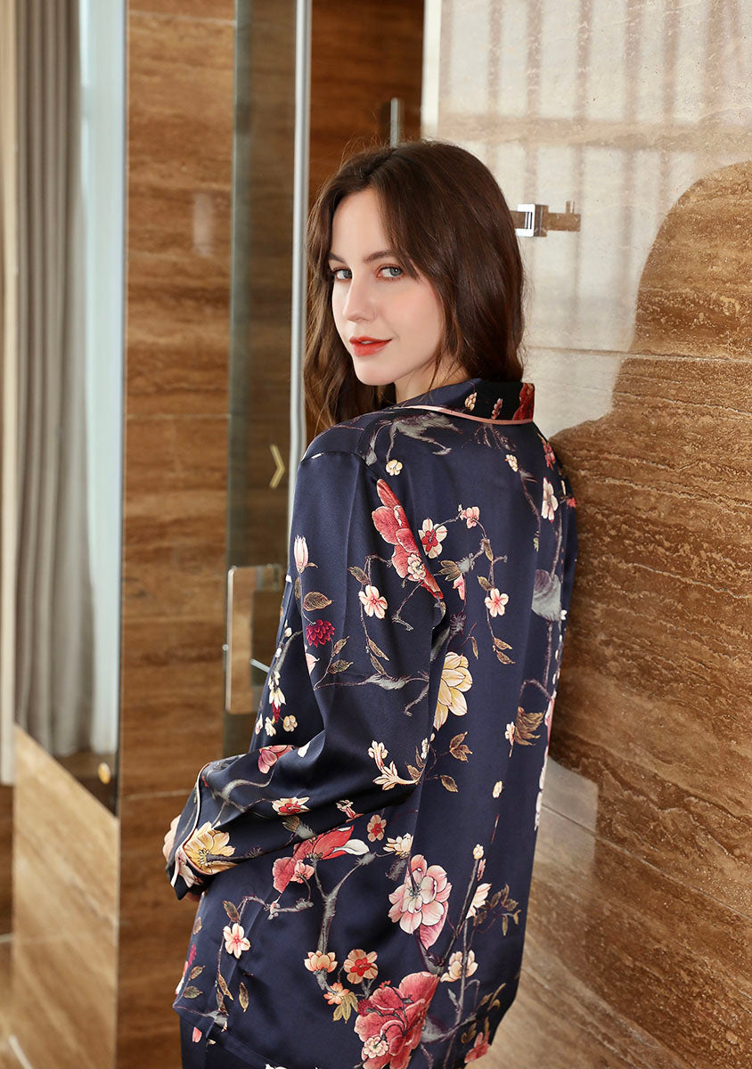 Women's Silk Classic Floral Printed Full Length Pajama Set