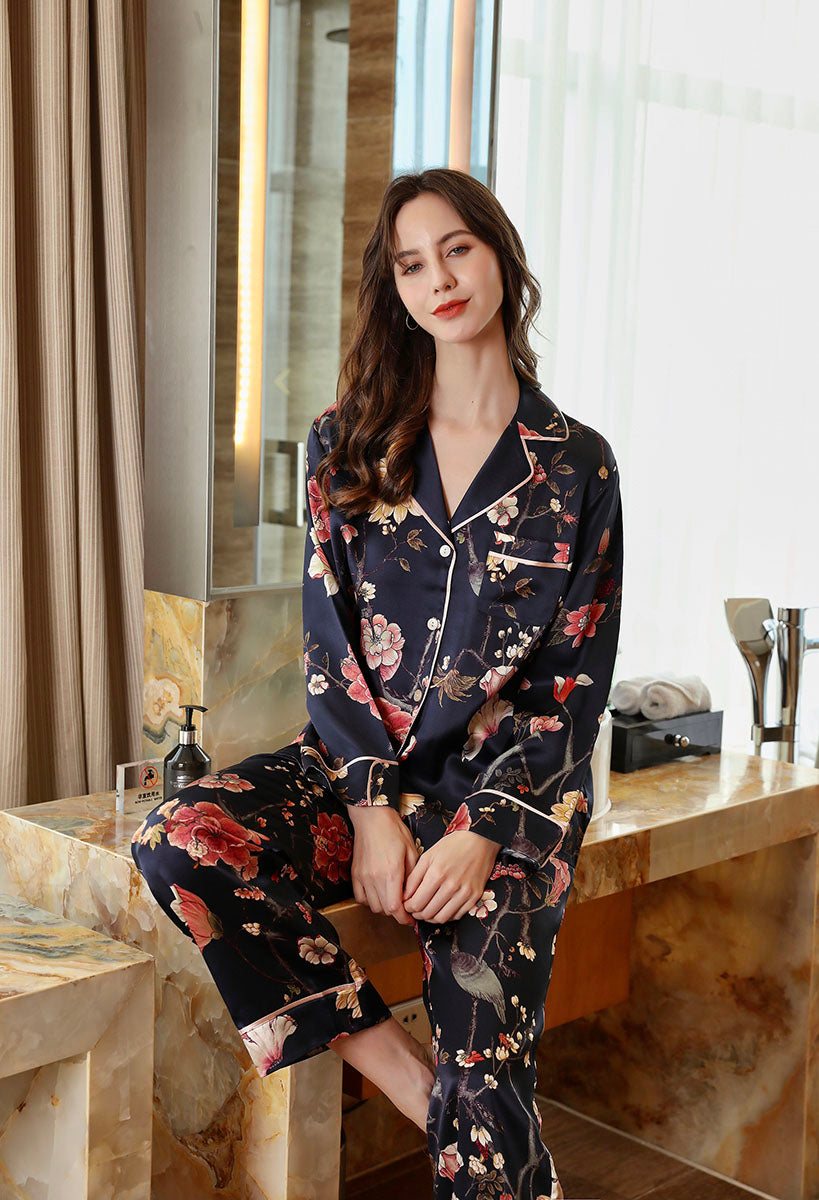 Women's Silk Classic Floral Printed Full Length Pajama Set