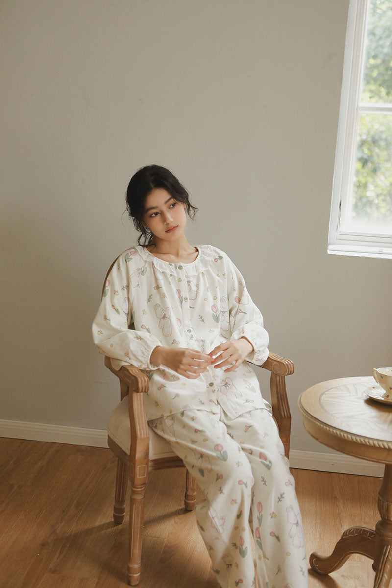 Cotton Tulip Print Lace Trim Full Length Pajama Set